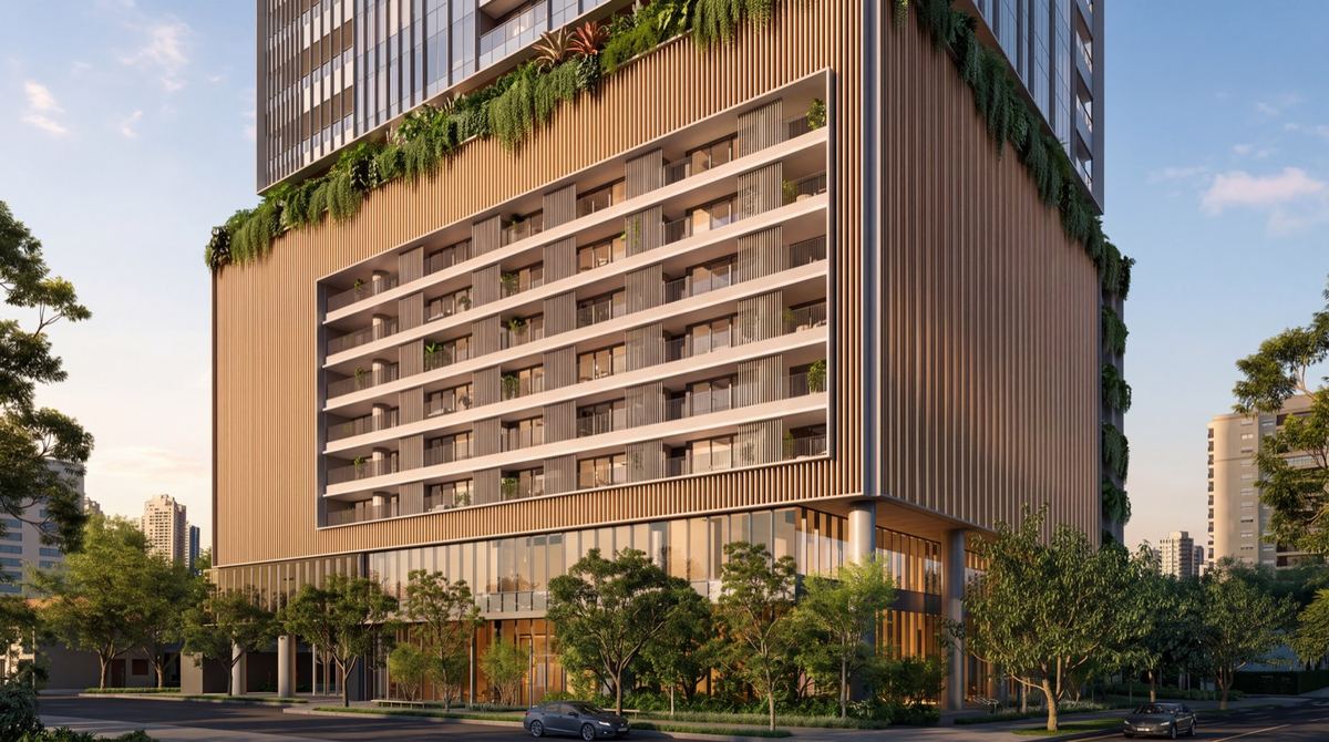 Fachada de torre residencial, render de arquitetura