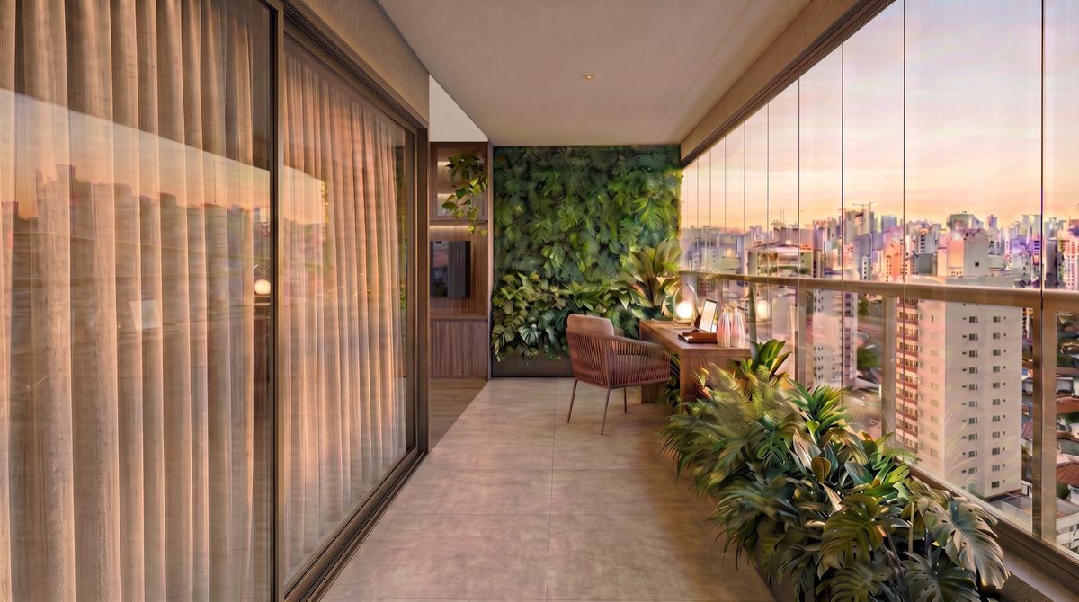 Área comum, lounge com vista da cidade