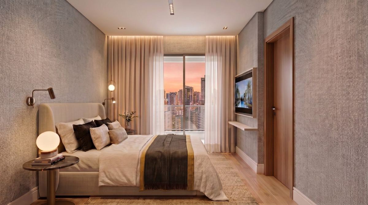 Interior decorado, suíte com vista da cidade